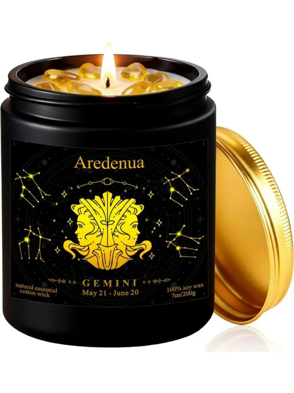 Lemon Scented Gemini Zodiac Candle with Citrine Crystals for Positive Energy